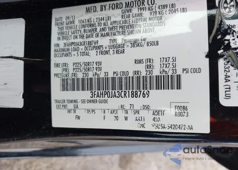 2012 Ford Fusion Sel from USA, damaged, VIN 3FAHP0JA3CR188769